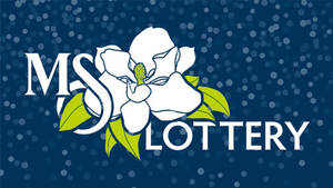 MS Lottery 標誌，以白色木蘭花搭配綠色葉子，置於藍色圓點背景上。 — 花朵 壁紙