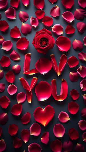 紅玫瑰和花瓣在深色背景上拼出love you — 花 壁紙