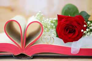 紅玫瑰 金戒指 心形書 木質 — 婚禮 壁紙