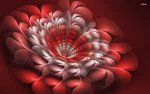 一朵數位碎形花，紅色和白色花瓣在深紅色背景上發光。 — MacBook Pro 13 壁紙