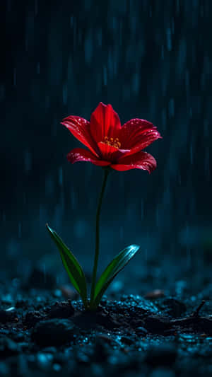 一朵紅花，花瓣上有雨滴，在雨中生長在深色土壤中。 — 1440x2560 壁紙