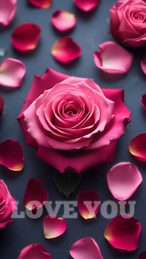 深色表面上散落花瓣的粉紅玫瑰，帶有love you文字 — 花 壁紙
