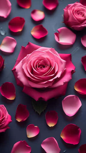 一朵粉紅玫瑰被散落的花瓣包圍在深色表面上 — 愛心 壁紙