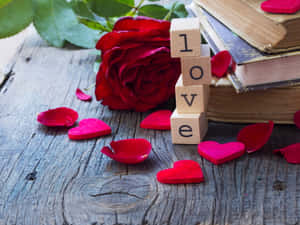 紅玫瑰和心形花瓣，木塊在質樸的木頭上拼出 love。 — 玫瑰花 壁紙