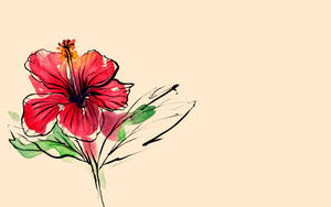 一朵紅色木槿花，帶有綠色葉子，在米色背景上。 — 日向雛田 壁紙