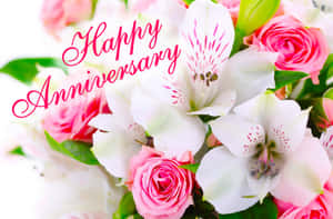 Happy Anniversary 粉紅玫瑰和白色百合花束 — 慶祝 壁紙