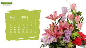 2013年3月日曆旁邊有一個色彩繽紛的花藝佈置。 — 春天花朵 壁紙