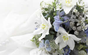帶有珍珠鈕扣的婚紗旁邊的白百合和藍色花朵。 — 16:10 壁紙