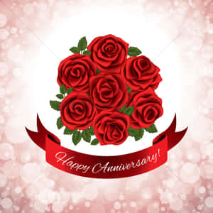 紅玫瑰配綠葉放在一條寫著Happy Anniversary的絲帶上，背景是粉紅色閃爍的。 — 花朵 4K 壁紙
