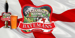 Batemans St George's Glory啤酒標誌，配以一杯啤酒和龍頭，置於紅白旗上。 — 品牌 壁紙
