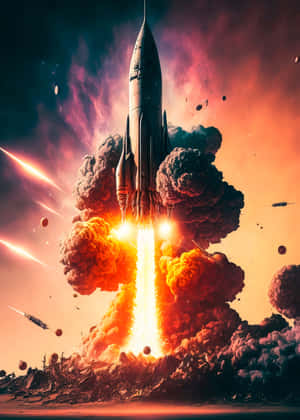 火箭發射到太空，帶有熾熱的排氣和宇宙雲彩。 — 太空船 壁紙
