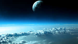 火箭在雲層上方飛翔，朝向太空中遙遠的藍色行星。 — 太空美學動圖 壁紙