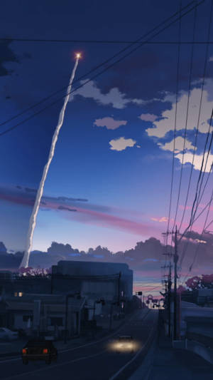 一枚火箭發射到暮色天空中，下方是寧靜的街道，有汽車和電線。 — 日式美學 iPhone 壁紙