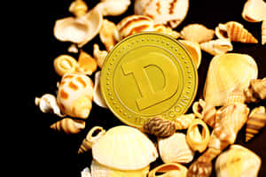 金色 Dogecoin 被貝殼環繞在黑色背景上。 — MacBook Air M2 壁紙