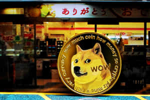 金色Dogecoin與柴犬，位於日本便利商店前，夜間場景。 — 夜晚 壁紙