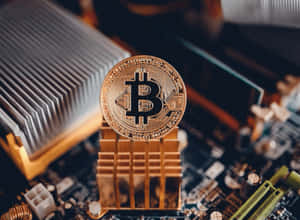 電腦硬體電路板上的金色比特幣硬幣 — 比特幣 GIF 壁紙