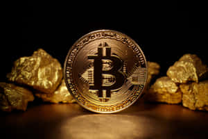 金色比特幣硬幣被粗糙金塊包圍在深色表面上。 — 比特幣 GIF 壁紙