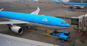 荷蘭皇家航空飛機停在機場閘口，有地勤人員和設備 — 伸展台 壁紙