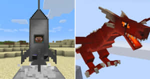 Minecraft火箭發射和紅龍以方塊像素藝術風格飛翔。 — 我的世界苦力怕 壁紙