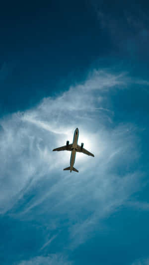 飛機在藍天白雲和陽光下從頭頂飛過。 — 美學天空 壁紙