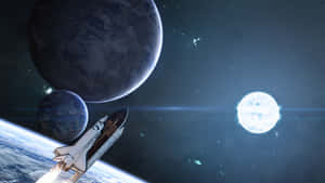 太空梭在兩顆行星和一顆明亮星星附近發射到太空。 — 酷炫太空 壁紙