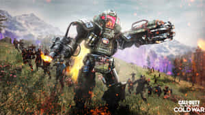 巨型機甲發射武器，士兵們在山地戰場上戰鬥。 — 電玩遊戲 GIF 壁紙