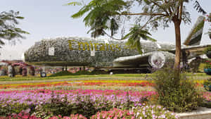 色彩繽紛花園中的阿聯酋航空飛機花卉雕塑。 — 杜拜 壁紙