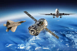 三架飛機和一顆衛星在地球的藍色海洋和雲層上方飛行。 — 航太 壁紙