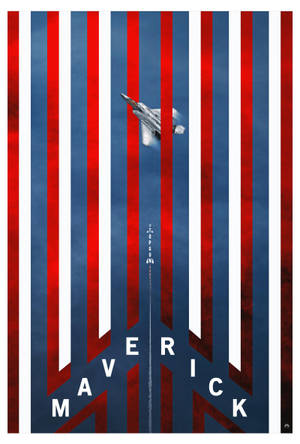 一架戰鬥機在風格化的紅、白、藍條紋天空中飛行，下方有「maverick」一詞。