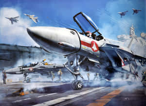 航空母艦甲板上的戰鬥機，有機組人員和其他噴射機在天空。 — 機器人 壁紙