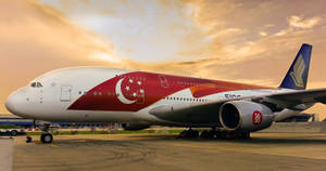 新加坡航空A380在夕陽下的機場停機坪 — 日落 壁紙