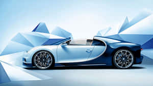 藍色 Bugatti 敞篷跑車，配以幾何山景背景。 — 布加迪 GIF 壁紙