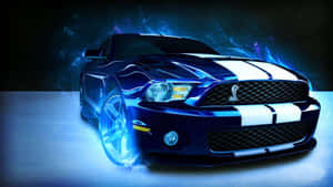 藍色Shelby Mustang帶有白色條紋，被電光藍色能量和宇宙背景包圍。 — 藍色煙霧 壁紙