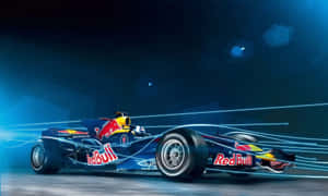 藍色紅牛一級方程式賽車在黑暗隧道中疾馳，伴隨著發光的燈光軌跡。 — 馬克斯·維斯塔潘 壁紙