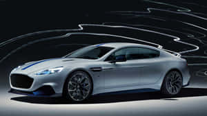 銀色 Aston Martin 跑車，帶有藍色點綴和發光的運動線條。 — 奧斯頓馬丁 壁紙