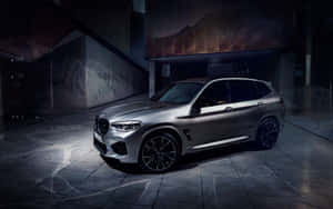銀色BMW X5 M SUV停放在黑暗的現代車庫中，帶有山脈壁畫。 — Steam Deck 壁紙