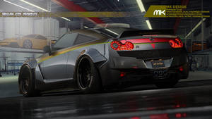 定制銀色日產GT-R R35，紅色尾燈，停放在現代車庫中。 — 日產GTR 壁紙