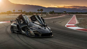 黑色McLaren Senna在賽車場上，車門打開，日落時分。 — 賽車 壁紙