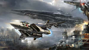 未來戰機飛越科幻城市，天空中有戰艦。 — 機器人 壁紙