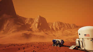 火星探測車和棲息艙位於岩石密布的紅色行星表面。 — 火星人布魯諾 壁紙