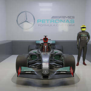 Mercedes-AMG Petronas F1 賽車和賽車服在乾淨的工作室展示中。 — F1 iPhone 壁紙