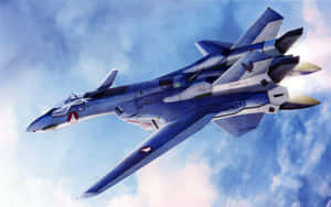 藍色戰鬥機在雲層天空中飛行，帶有可見的排氣痕跡。 — 16:10 壁紙