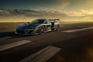 銀色McLaren Senna跑車在黃金時刻的跑道上打開車門。 — 酷炫F1 壁紙