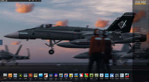 日落時分航空母艦甲板上的F/A-18C大黃蜂戰鬥機及機組人員。 — 夜空 壁紙