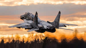 一架軍用噴射機在日落時低空飛過森林。 — 夕陽天空 壁紙