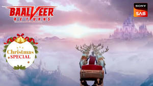 動畫雪橇與馴鹿在魔法冬日天空中飛向城堡。 — 聖誕老人 壁紙