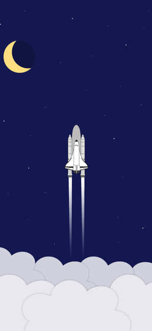 太空梭在彎月和星星位於雲層之上的夜空發射。 — 簡約 iPhone 壁紙