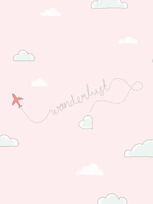 粉紅色飛機飛過雲層，留下一條點狀軌跡，拼出wanderlust。 — 天際線 壁紙