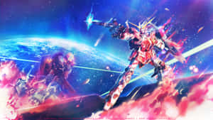 兩架可動戰士在藍色行星上方的太空中以能量光束和爆炸進行戰鬥。 — 機動戰士鋼彈 壁紙