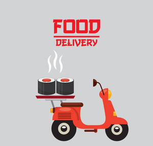 紅色機車運送冒煙的壽司卷，並帶有「Food Delivery」文字。 — 壽司 壁紙